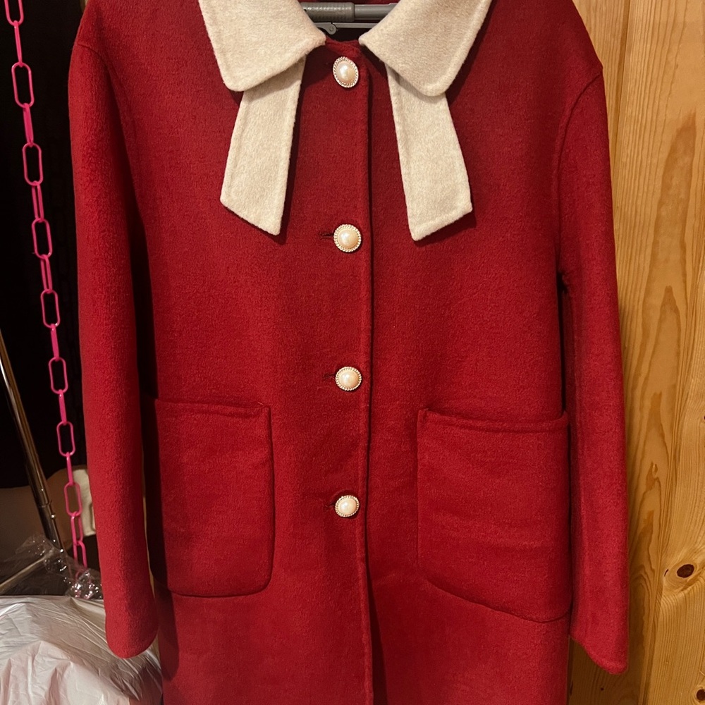 Chic Red Pea Coat with Cream Accents